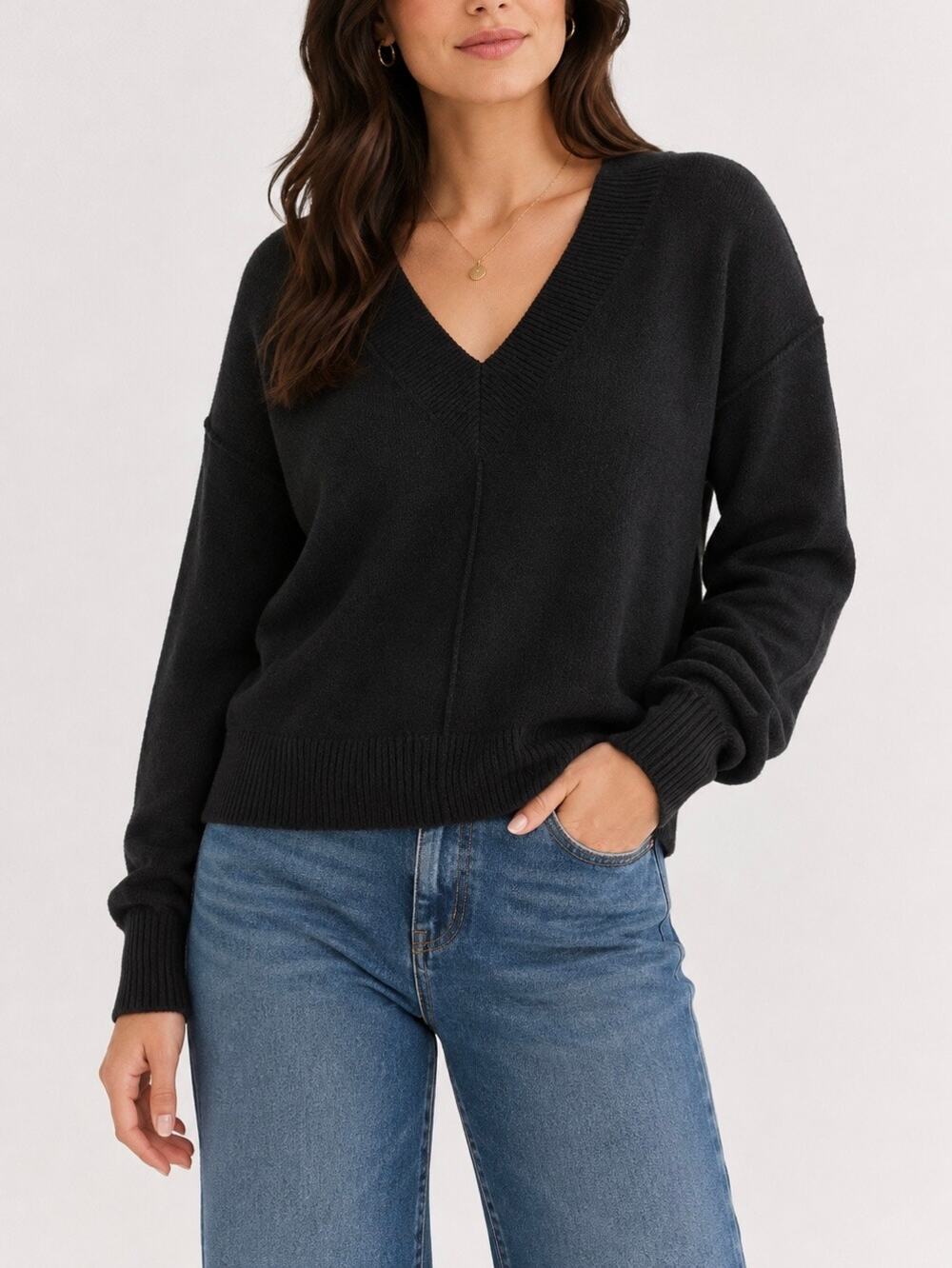 Madewell Calina Deep V Neck Sweater Womens M Black Merino Wool Blend NWT